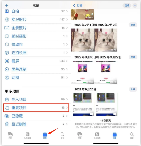 敖汉苹果手机维修分享iOS 16 中相册重复项目功能使用方法 
